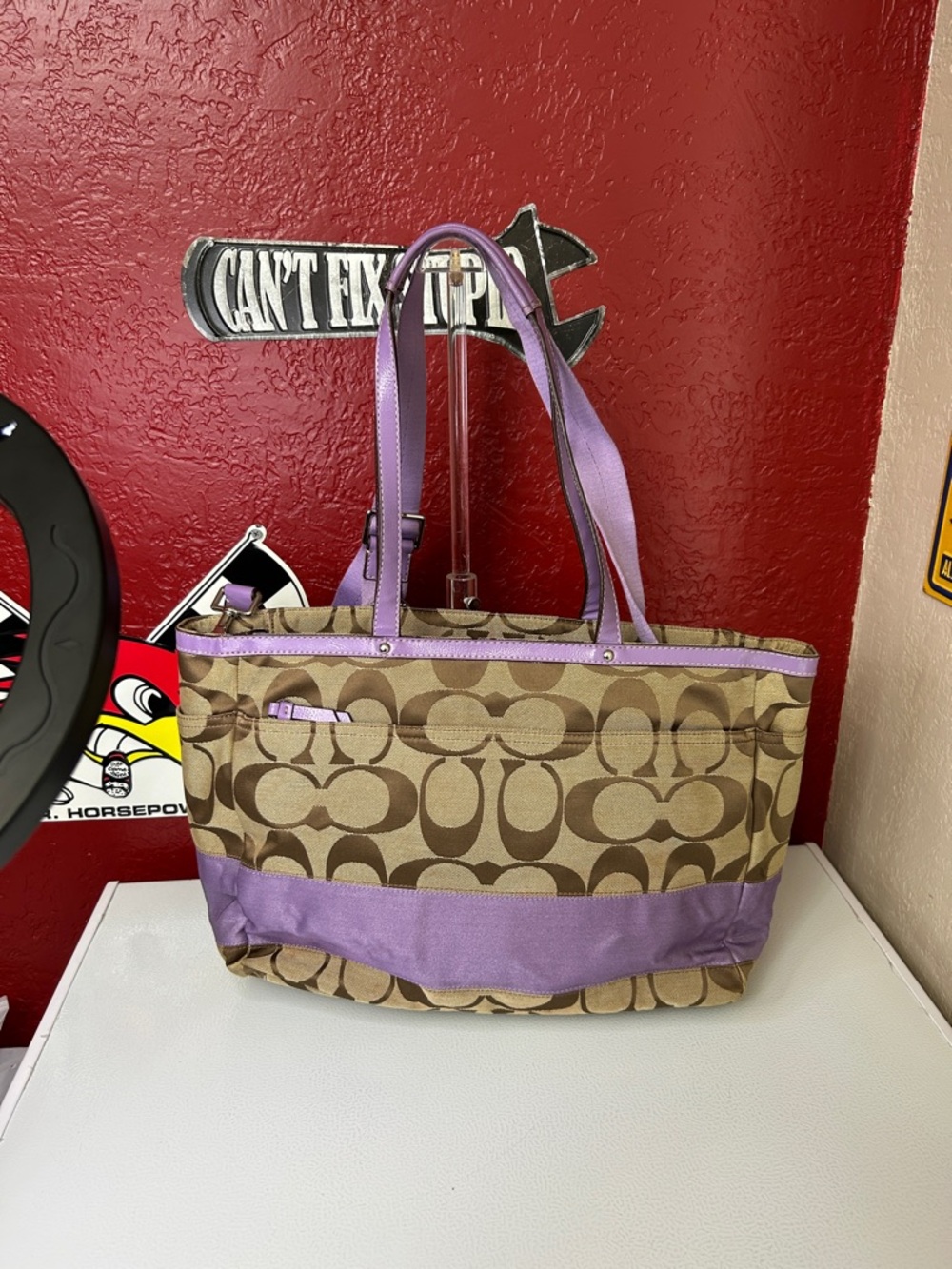 Coach Khaki Signature Tote diaper bag  with Lavender Trim - Picture 5 of 16